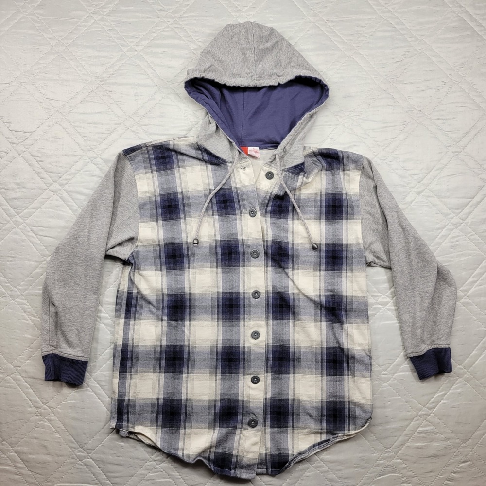 liz&co. blue plaid and gray button front hoodie size S
